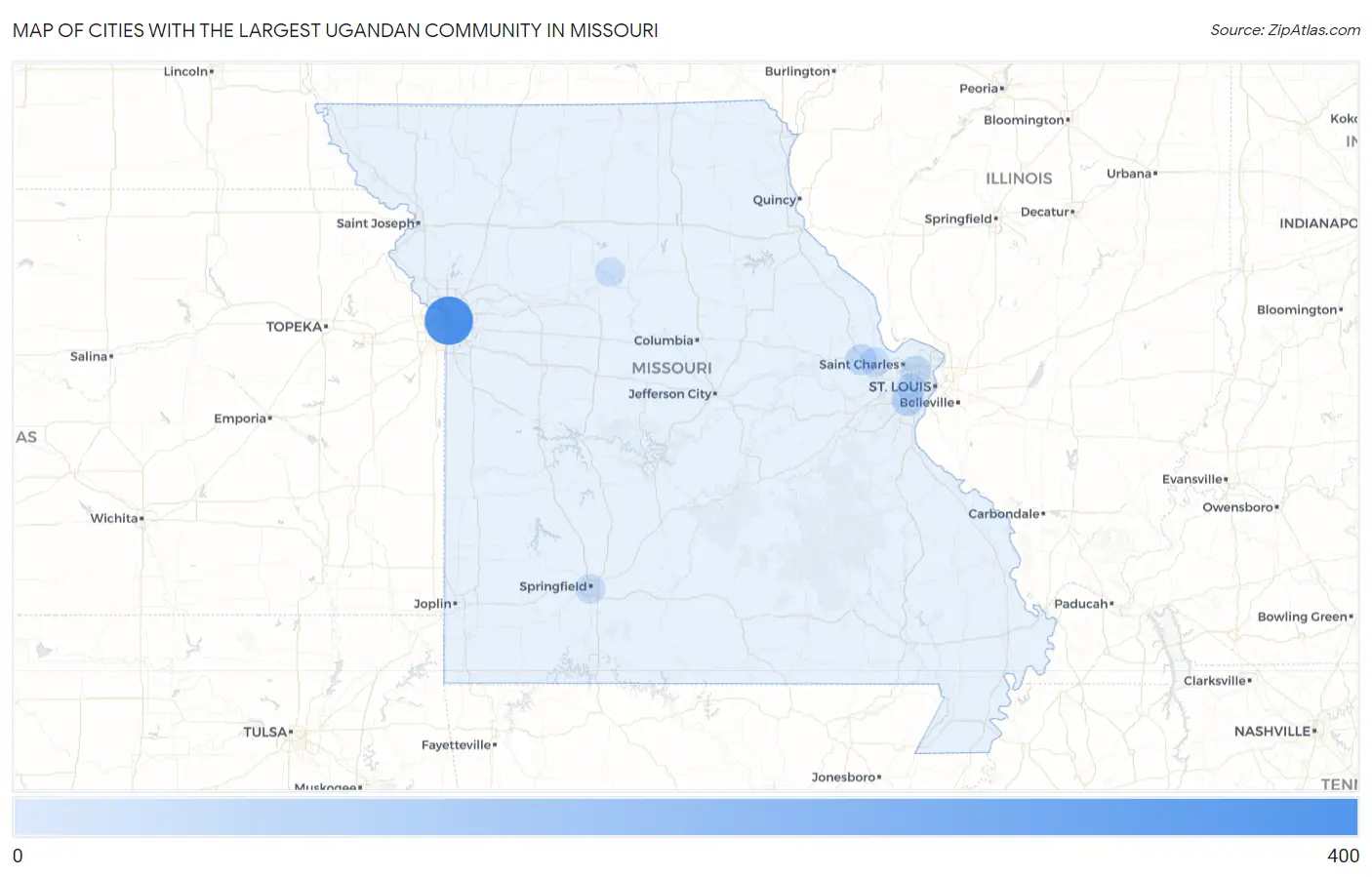 Cities with the Largest Ugandan Community in Missouri Map