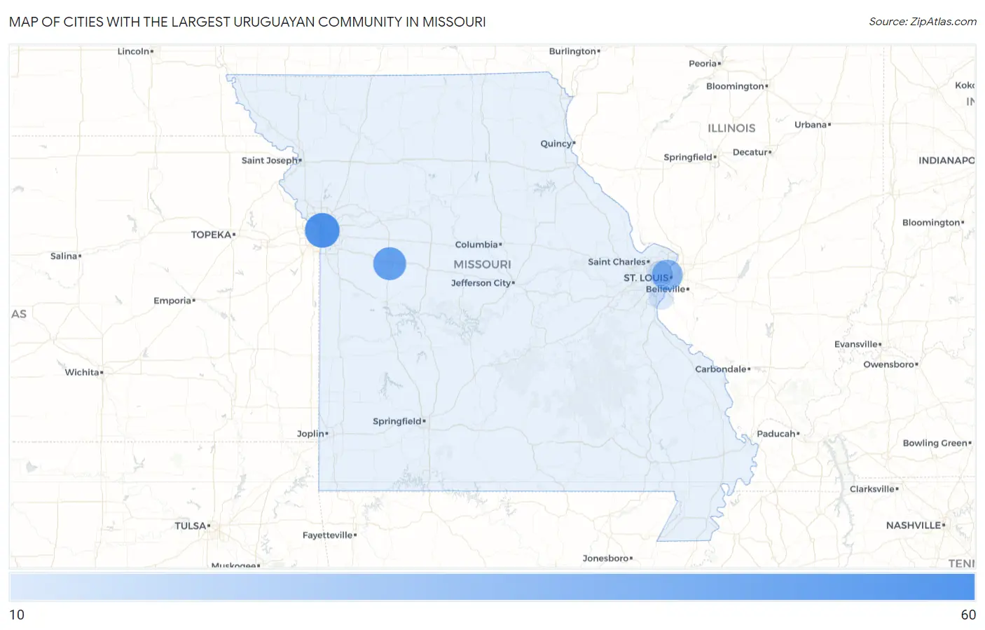 Cities with the Largest Uruguayan Community in Missouri Map