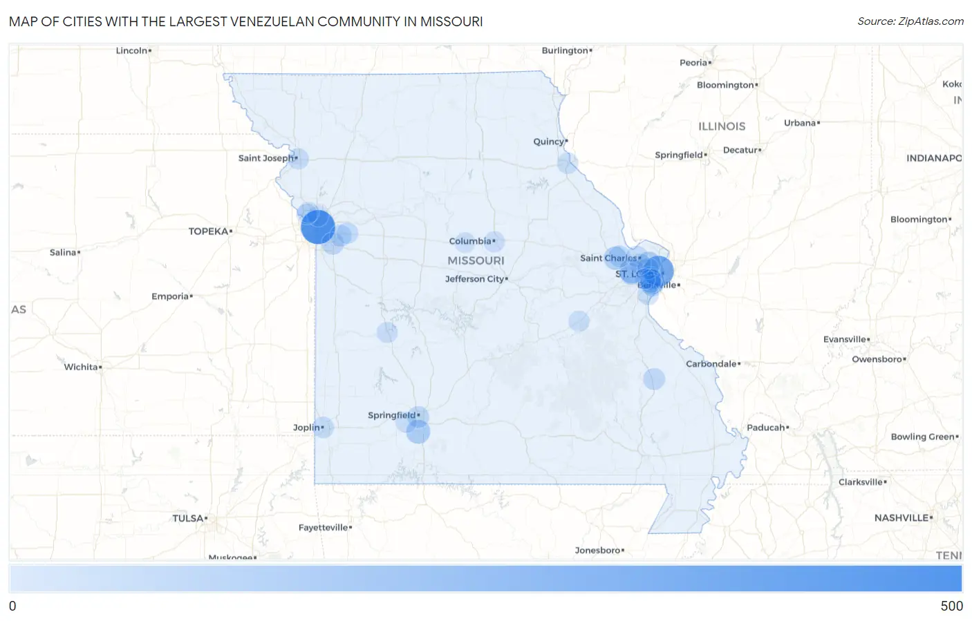Cities with the Largest Venezuelan Community in Missouri Map