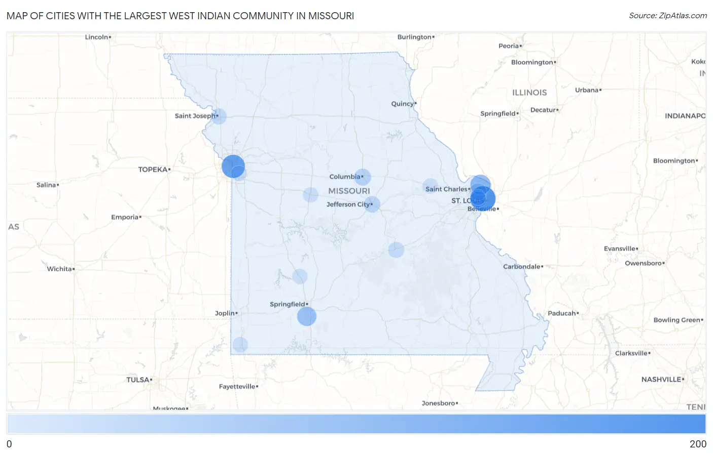 Cities with the Largest West Indian Community in Missouri Map