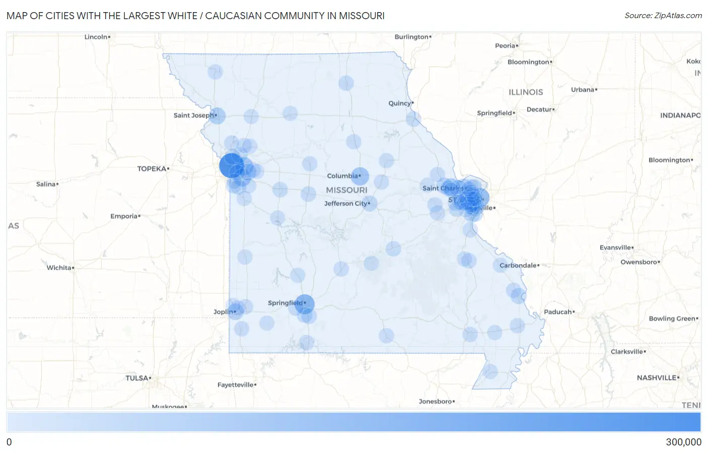 Cities with the Largest White / Caucasian Community in Missouri Map