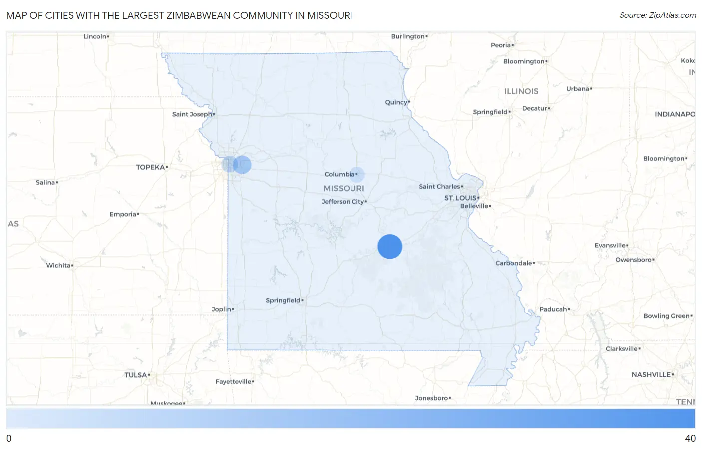 Cities with the Largest Zimbabwean Community in Missouri Map