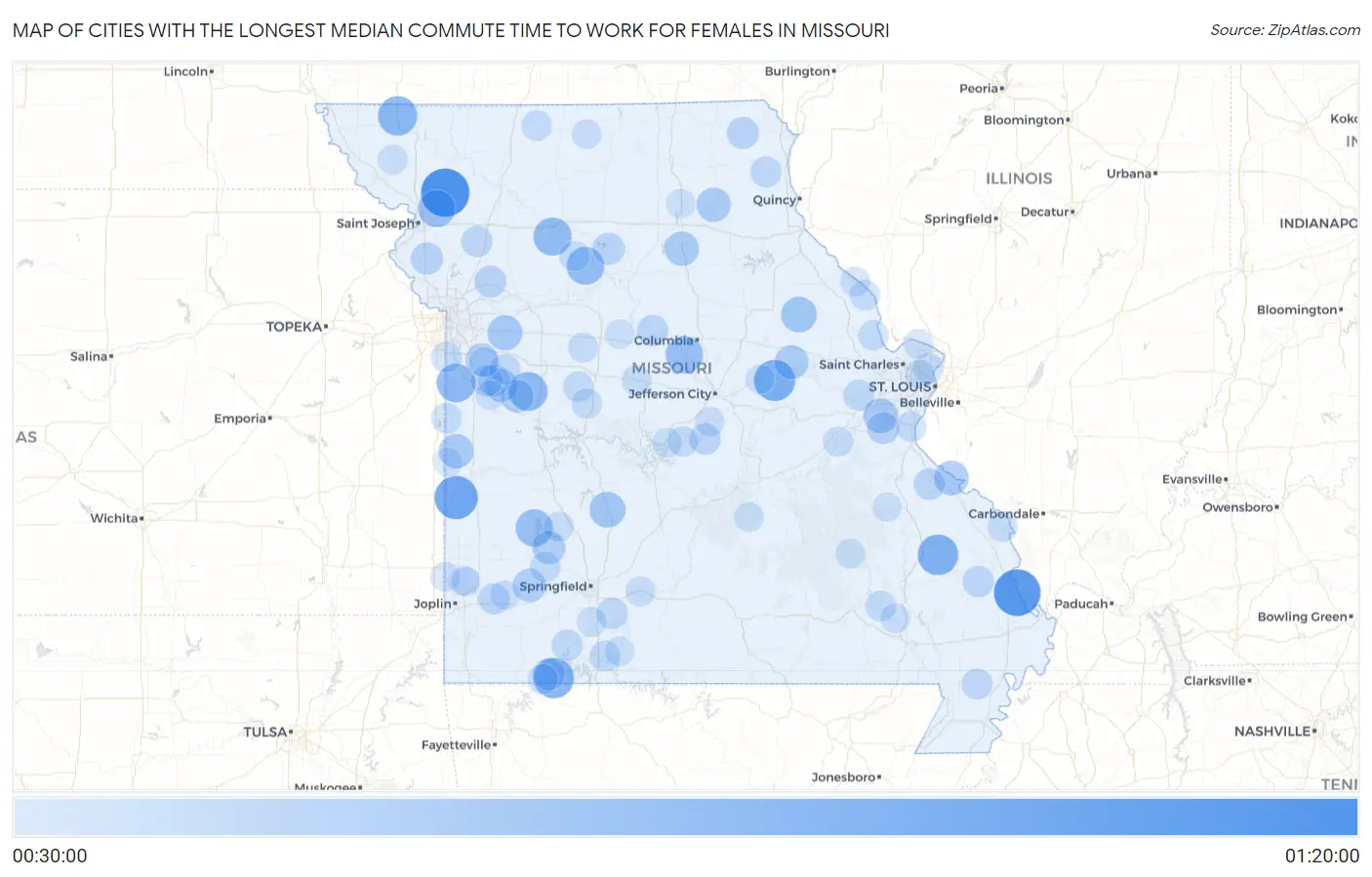 Cities with the Longest Median Commute Time to Work for Females in Missouri Map