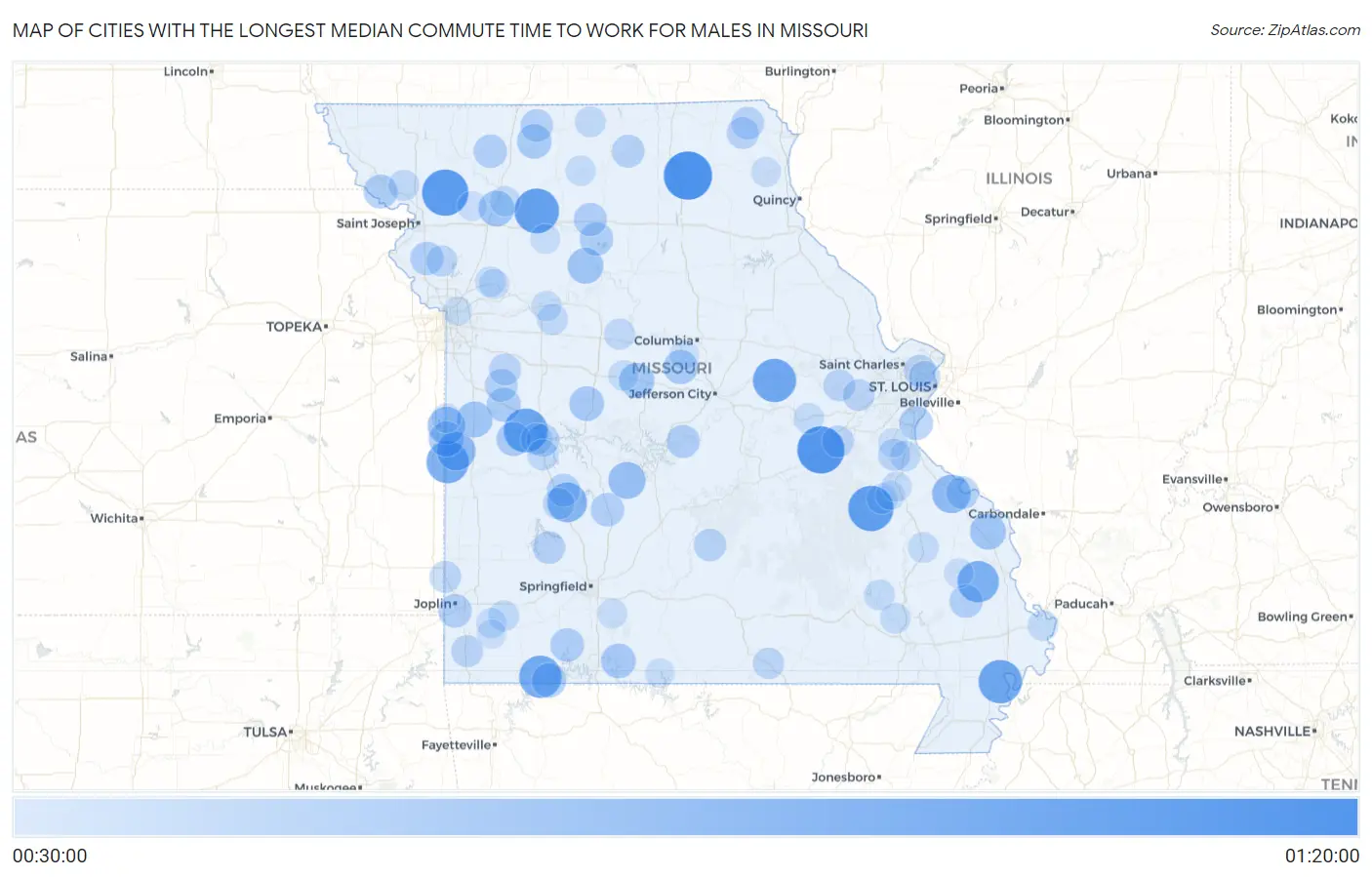 Cities with the Longest Median Commute Time to Work for Males in Missouri Map