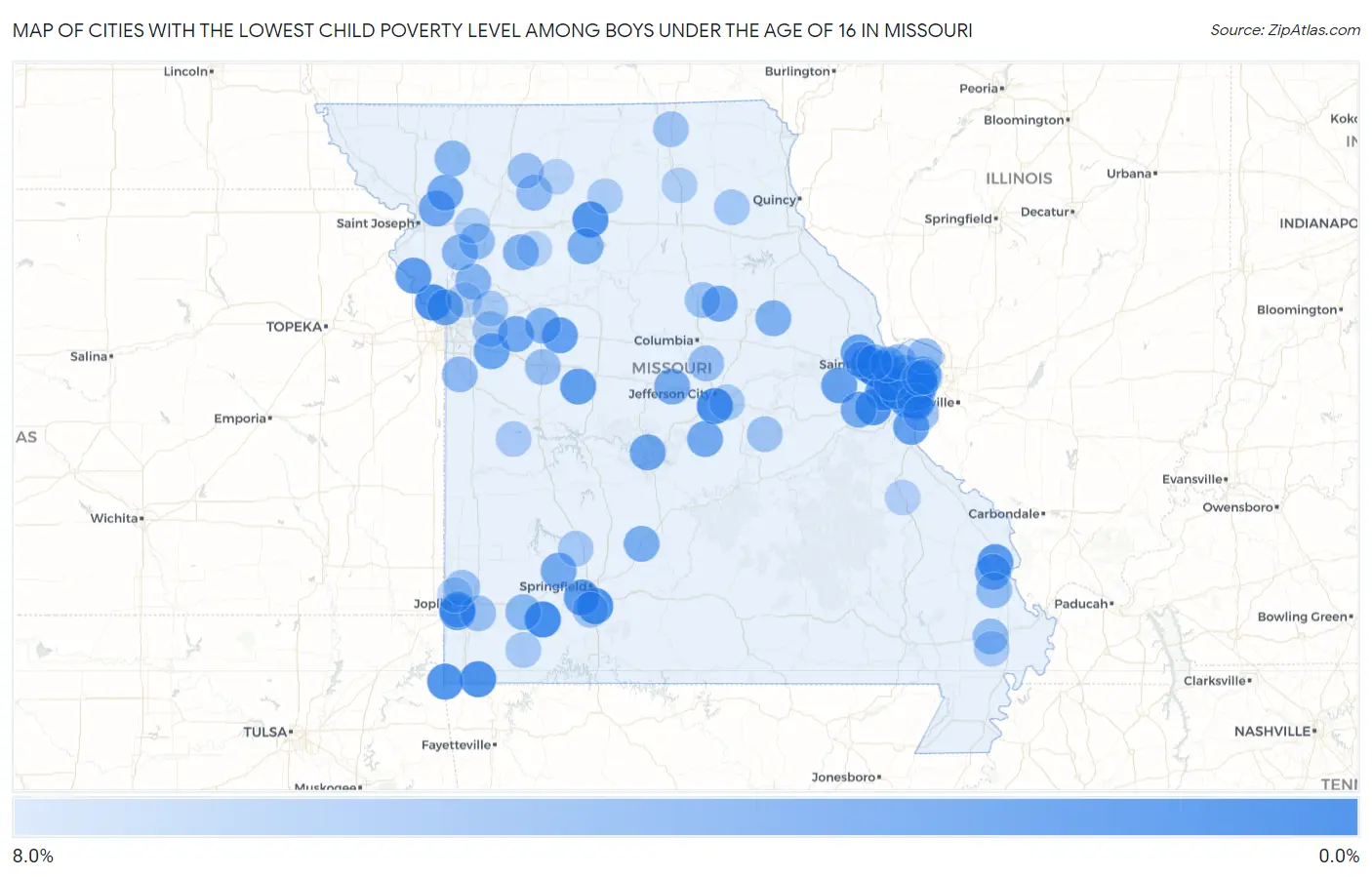 Cities with the Lowest Child Poverty Level Among Boys Under the Age of 16 in Missouri Map