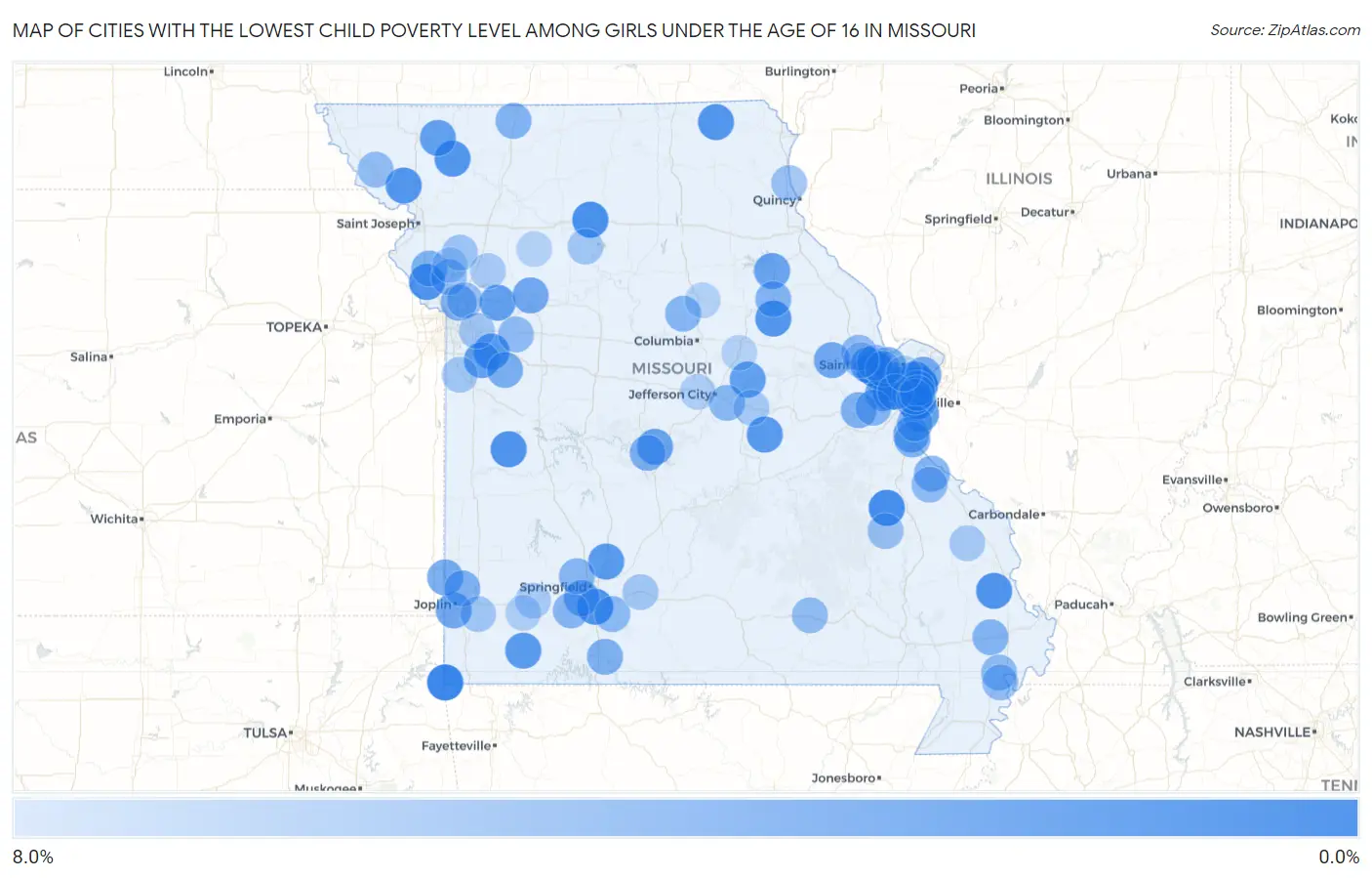 Cities with the Lowest Child Poverty Level Among Girls Under the Age of 16 in Missouri Map