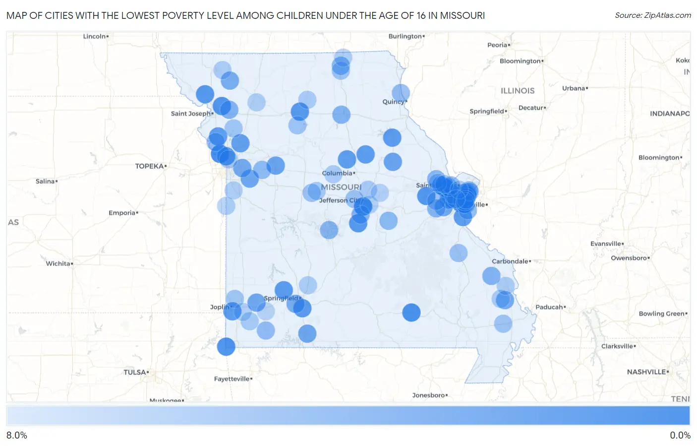 Cities with the Lowest Poverty Level Among Children Under the Age of 16 in Missouri Map