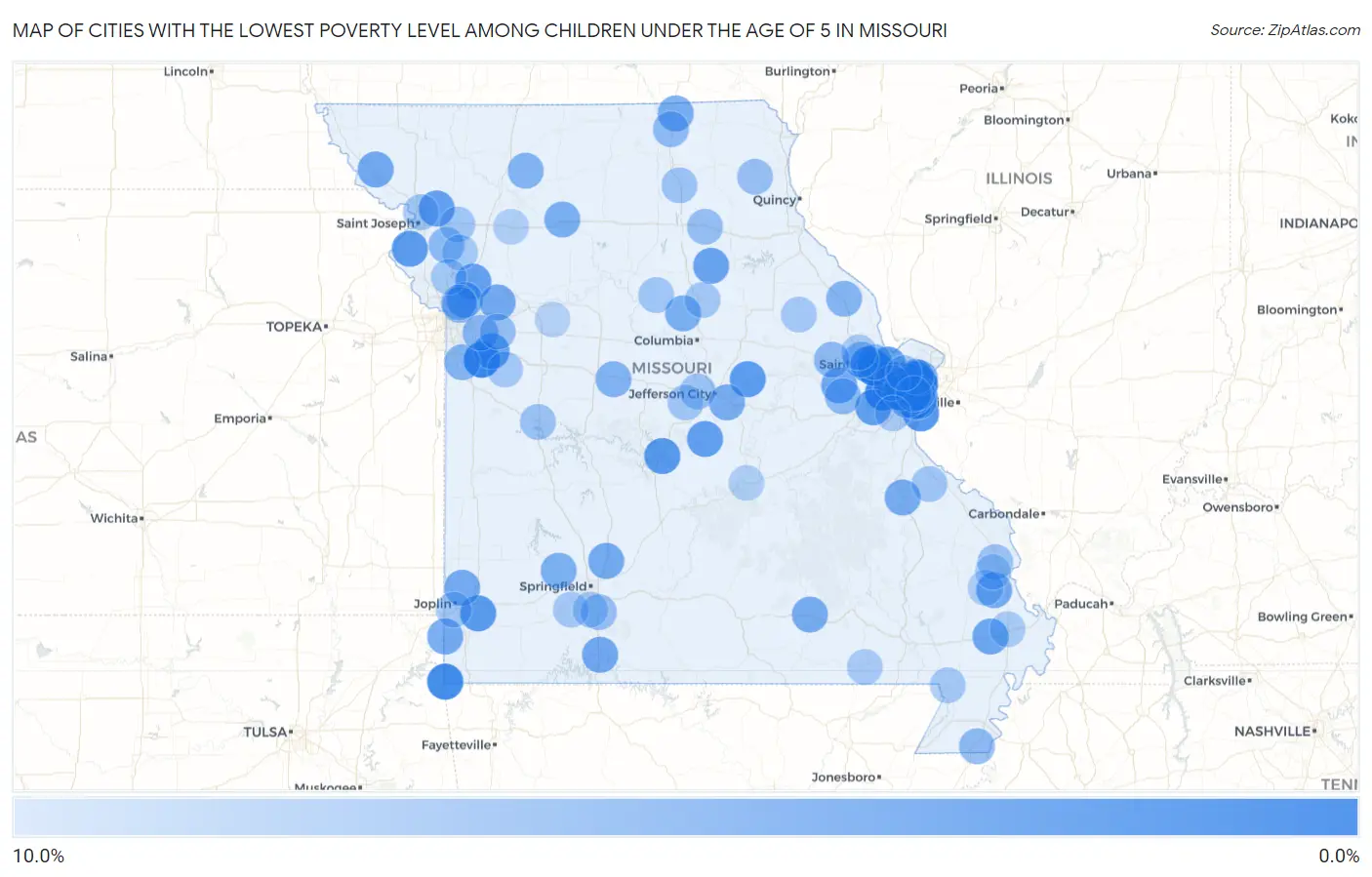 Cities with the Lowest Poverty Level Among Children Under the Age of 5 in Missouri Map