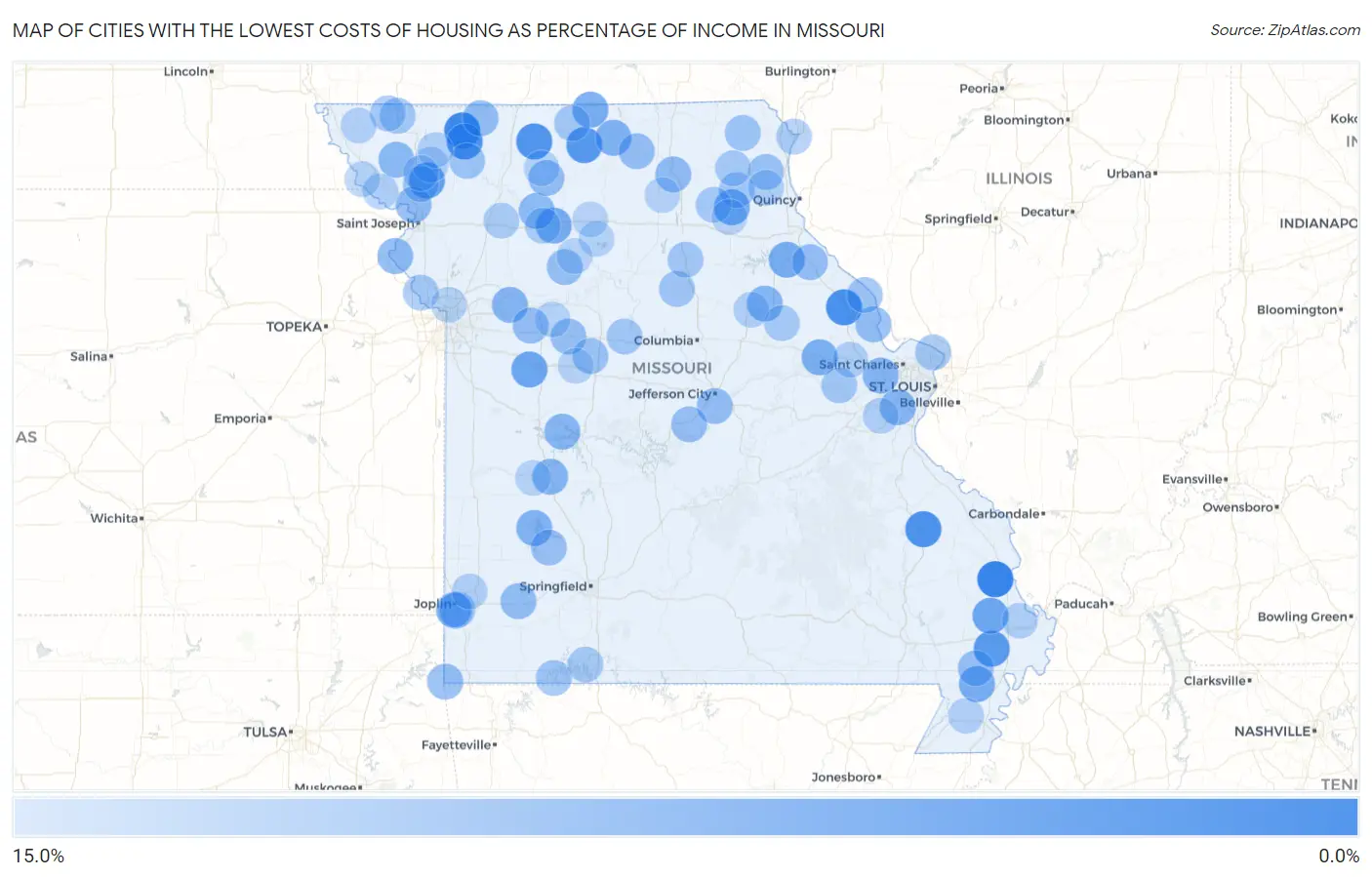 Cities with the Lowest Costs of Housing as Percentage of Income in Missouri Map