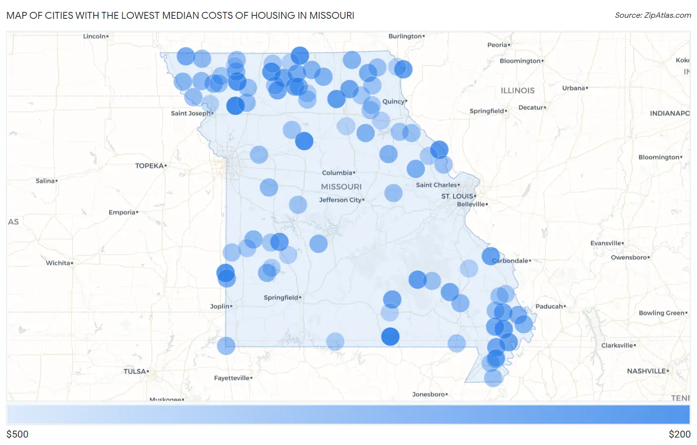 Cities with the Lowest Median Costs of Housing in Missouri Map