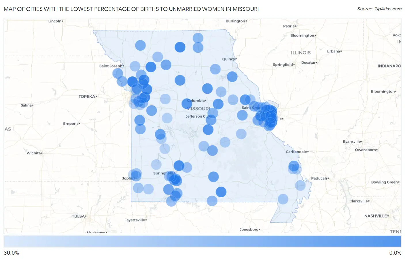 Cities with the Lowest Percentage of Births to Unmarried Women in Missouri Map