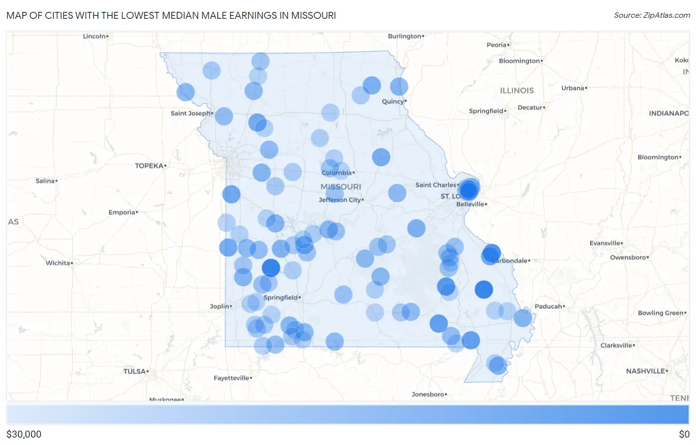 Cities with the Lowest Median Male Earnings in Missouri Map