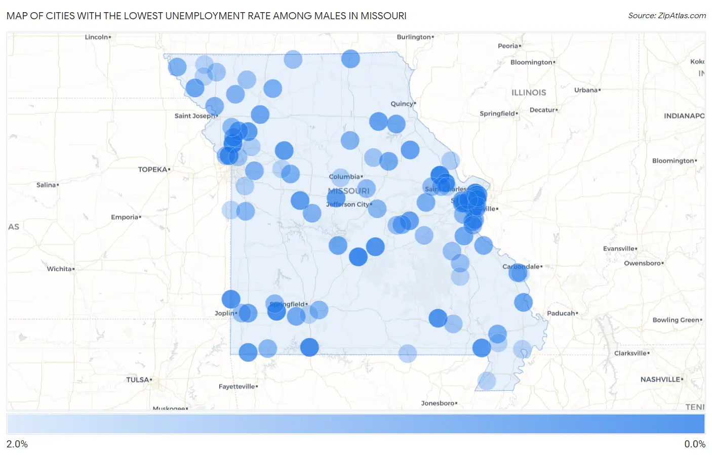 Cities with the Lowest Unemployment Rate Among Males in Missouri Map