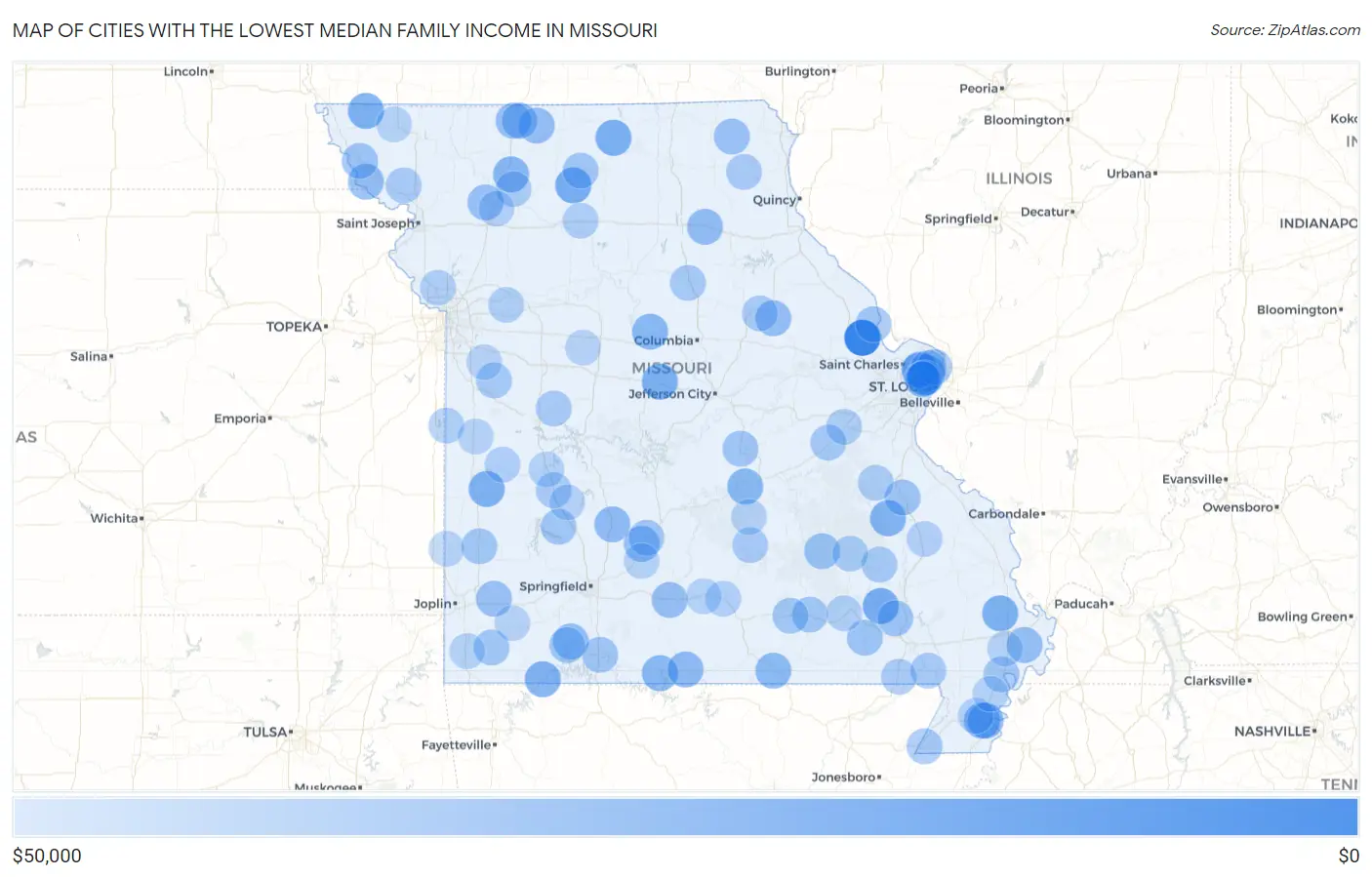 Cities with the Lowest Median Family Income in Missouri Map