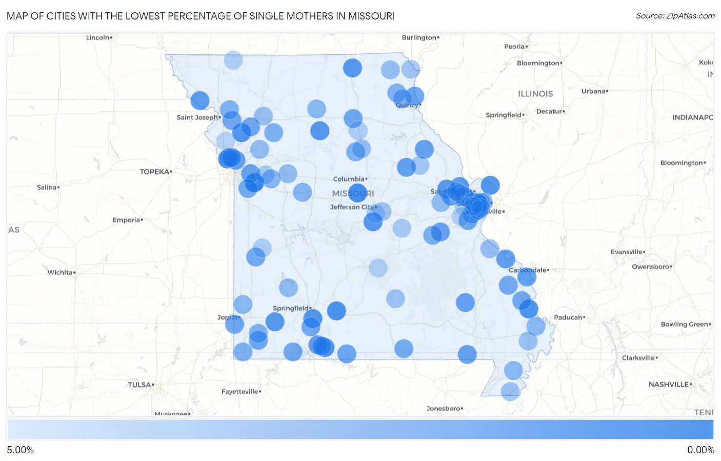 Cities with the Lowest Percentage of Single Mothers in Missouri Map
