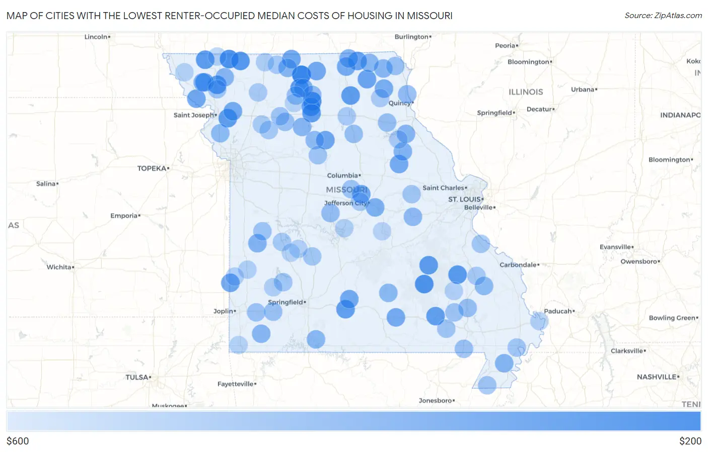 Cities with the Lowest Renter-Occupied Median Costs of Housing in Missouri Map