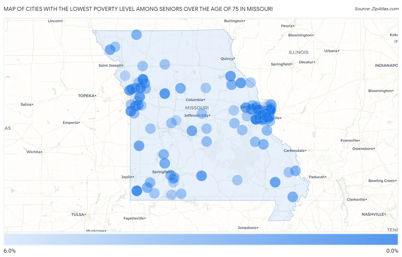 Cities with the Lowest Poverty Level Among Seniors Over the Age of 75 in Missouri Map