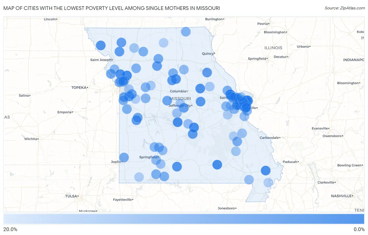 Cities with the Lowest Poverty Level Among Single Mothers in Missouri Map