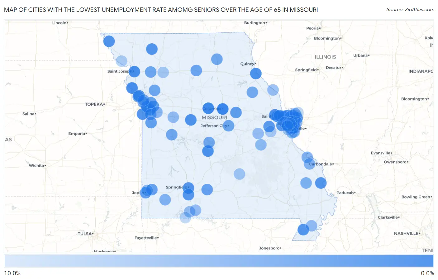 Cities with the Lowest Unemployment Rate Amomg Seniors Over the Age of 65 in Missouri Map