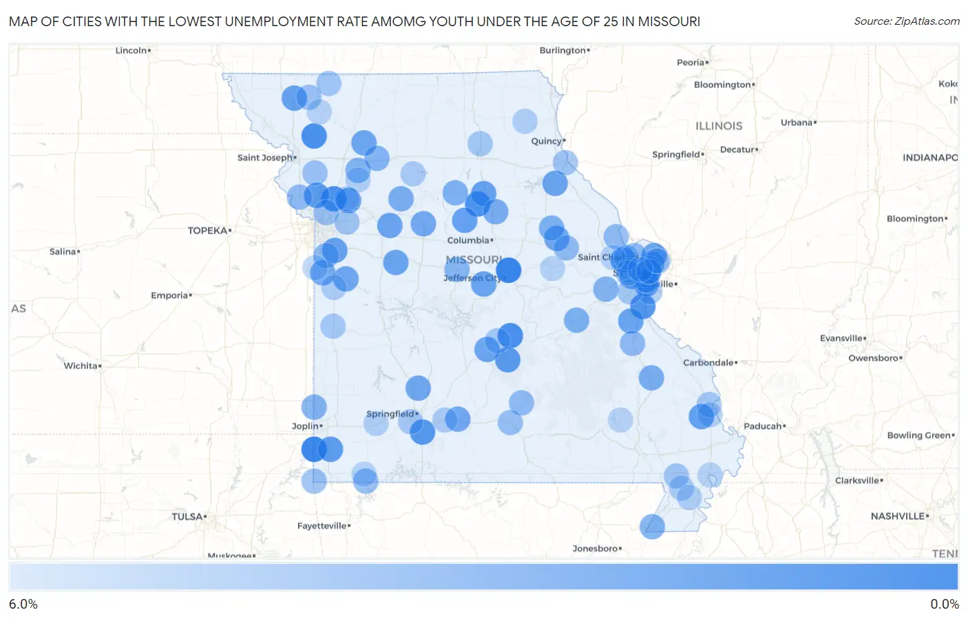Cities with the Lowest Unemployment Rate Amomg Youth Under the Age of 25 in Missouri Map