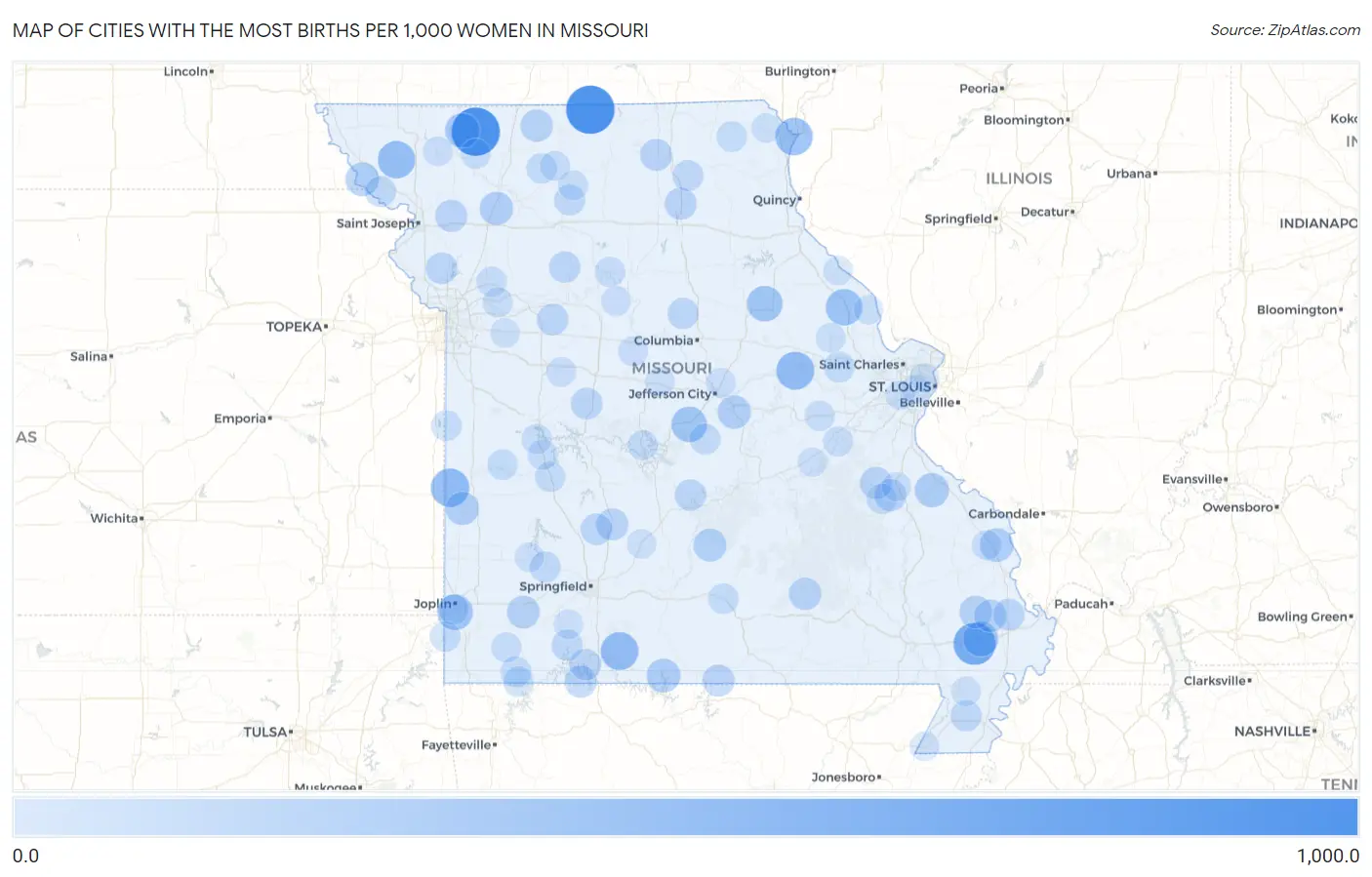 Cities with the Most Births per 1,000 Women in Missouri Map