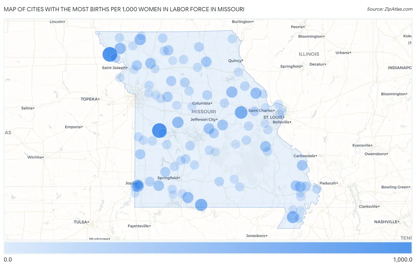 Cities with the Most Births per 1,000 Women in Labor Force in Missouri Map