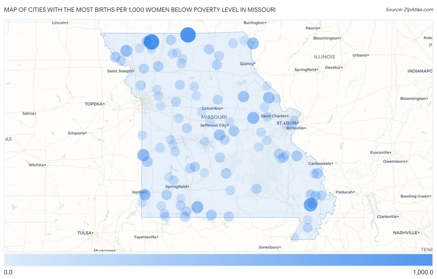 Cities with the Most Births per 1,000 Women Below Poverty Level in Missouri Map