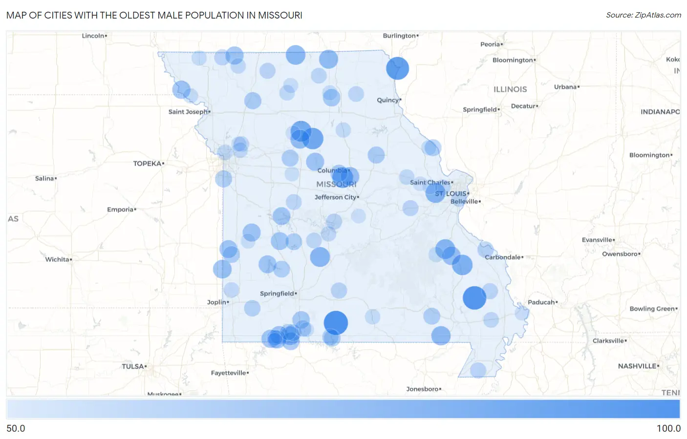 Cities with the Oldest Male Population in Missouri Map