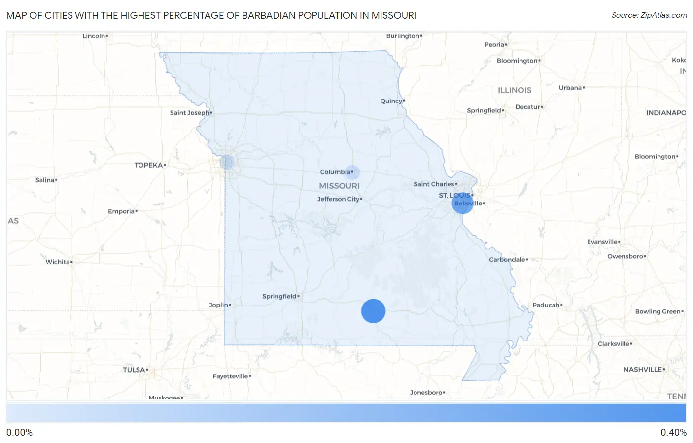 Cities with the Highest Percentage of Barbadian Population in Missouri Map
