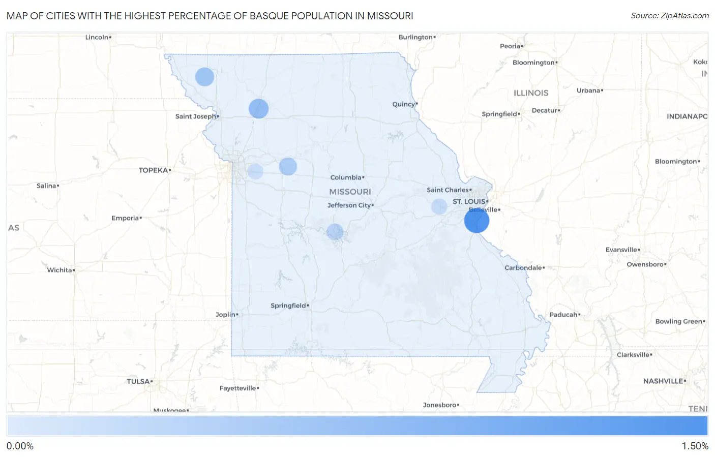 Cities with the Highest Percentage of Basque Population in Missouri Map