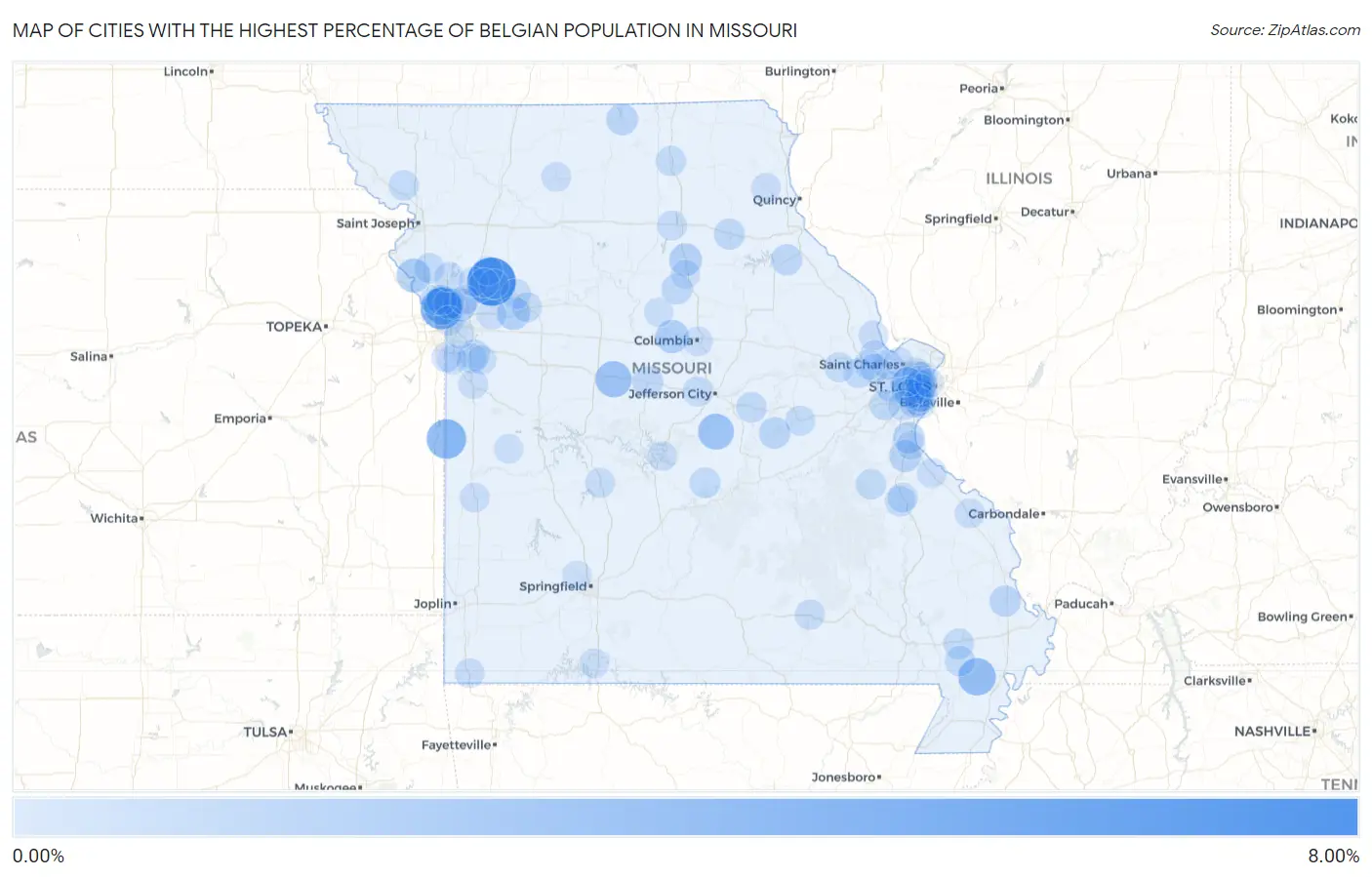 Cities with the Highest Percentage of Belgian Population in Missouri Map