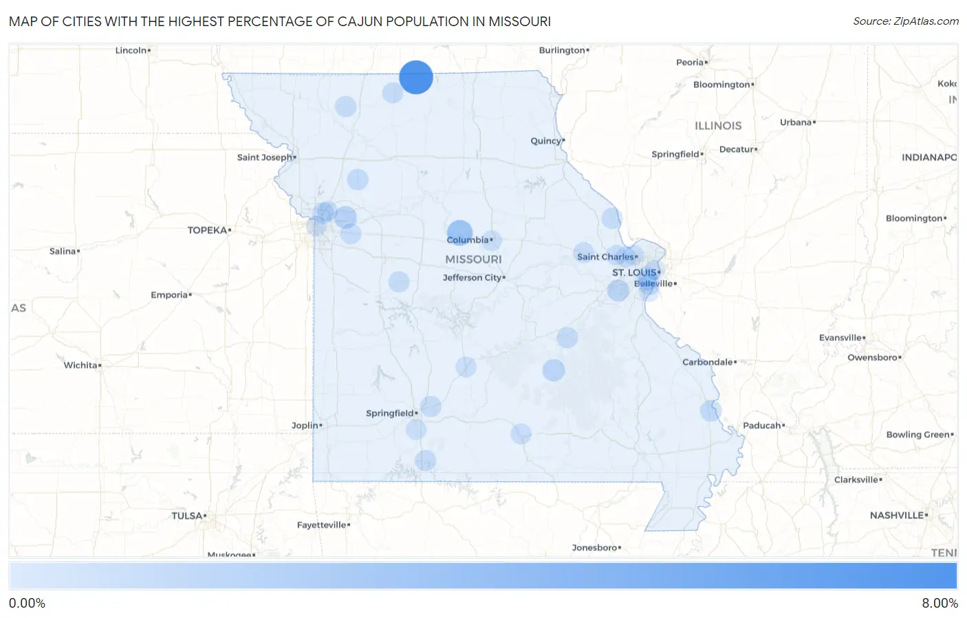 Cities with the Highest Percentage of Cajun Population in Missouri Map