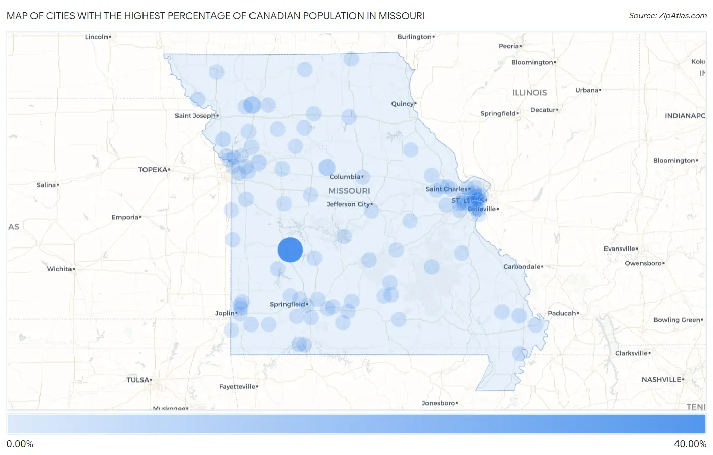 Cities with the Highest Percentage of Canadian Population in Missouri Map