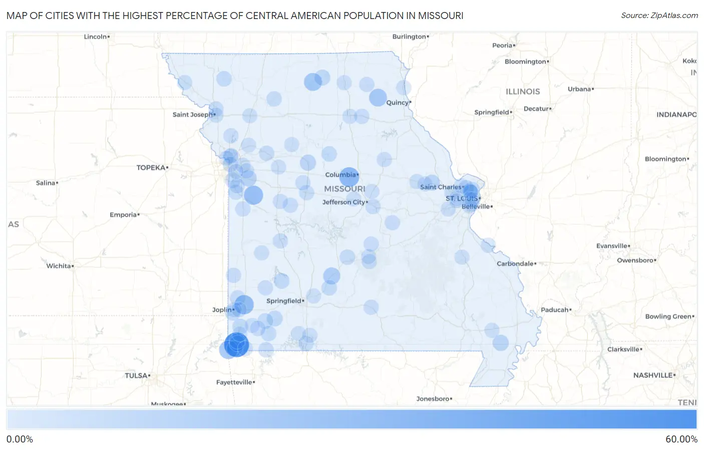 Cities with the Highest Percentage of Central American Population in Missouri Map