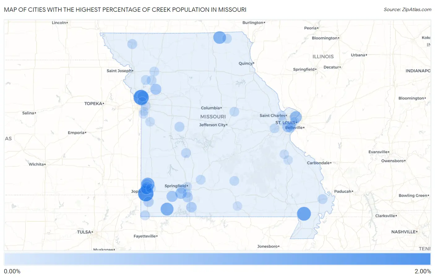 Cities with the Highest Percentage of Creek Population in Missouri Map