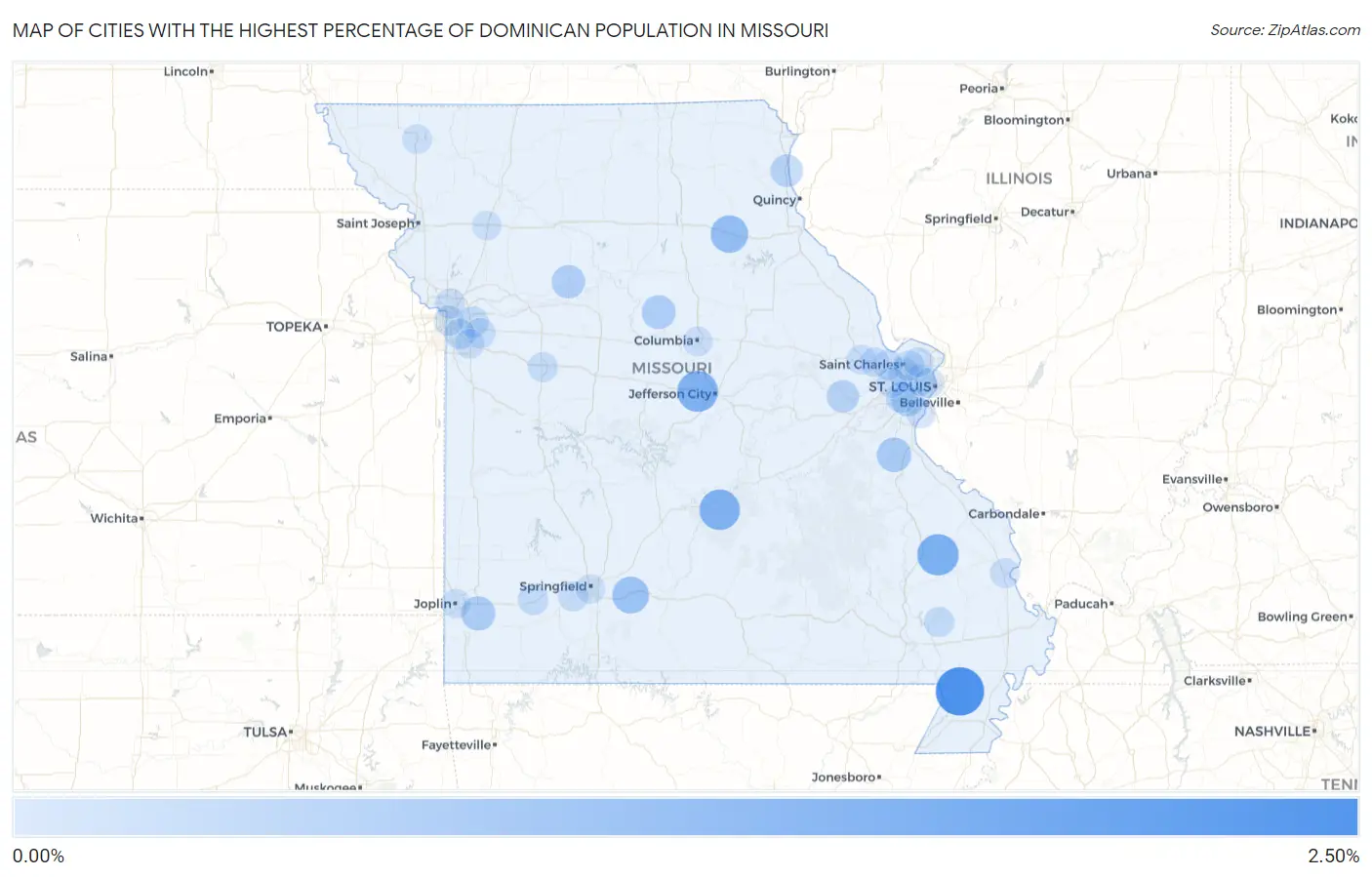 Cities with the Highest Percentage of Dominican Population in Missouri Map