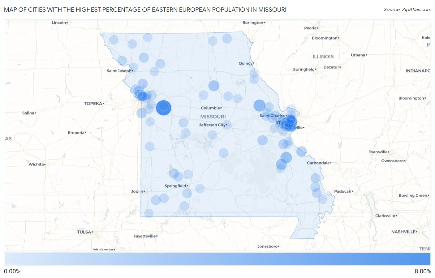 Cities with the Highest Percentage of Eastern European Population in Missouri Map