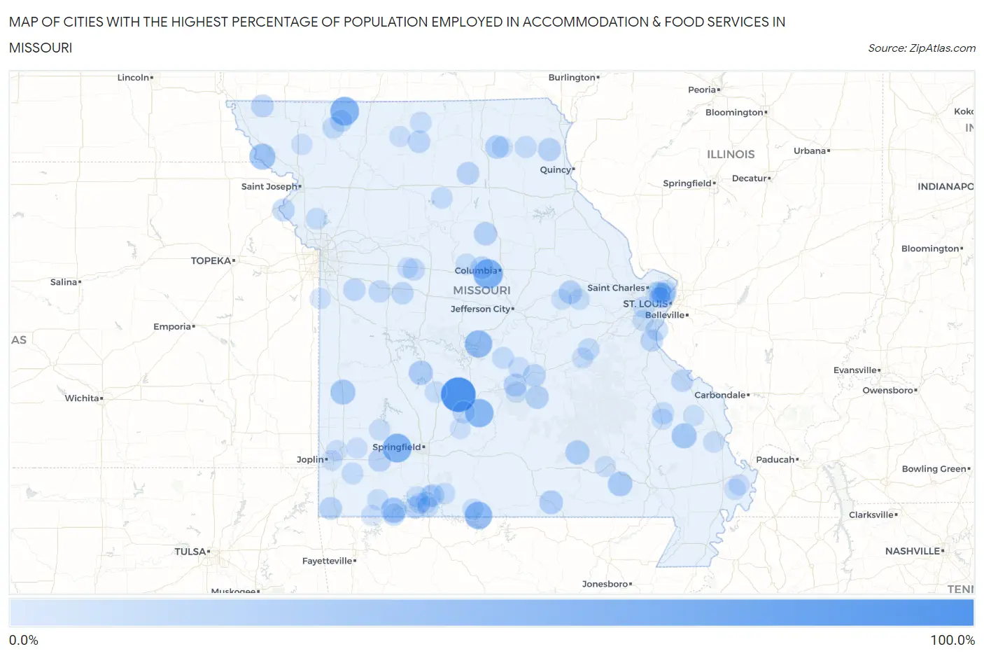 Cities with the Highest Percentage of Population Employed in Accommodation & Food Services in Missouri Map