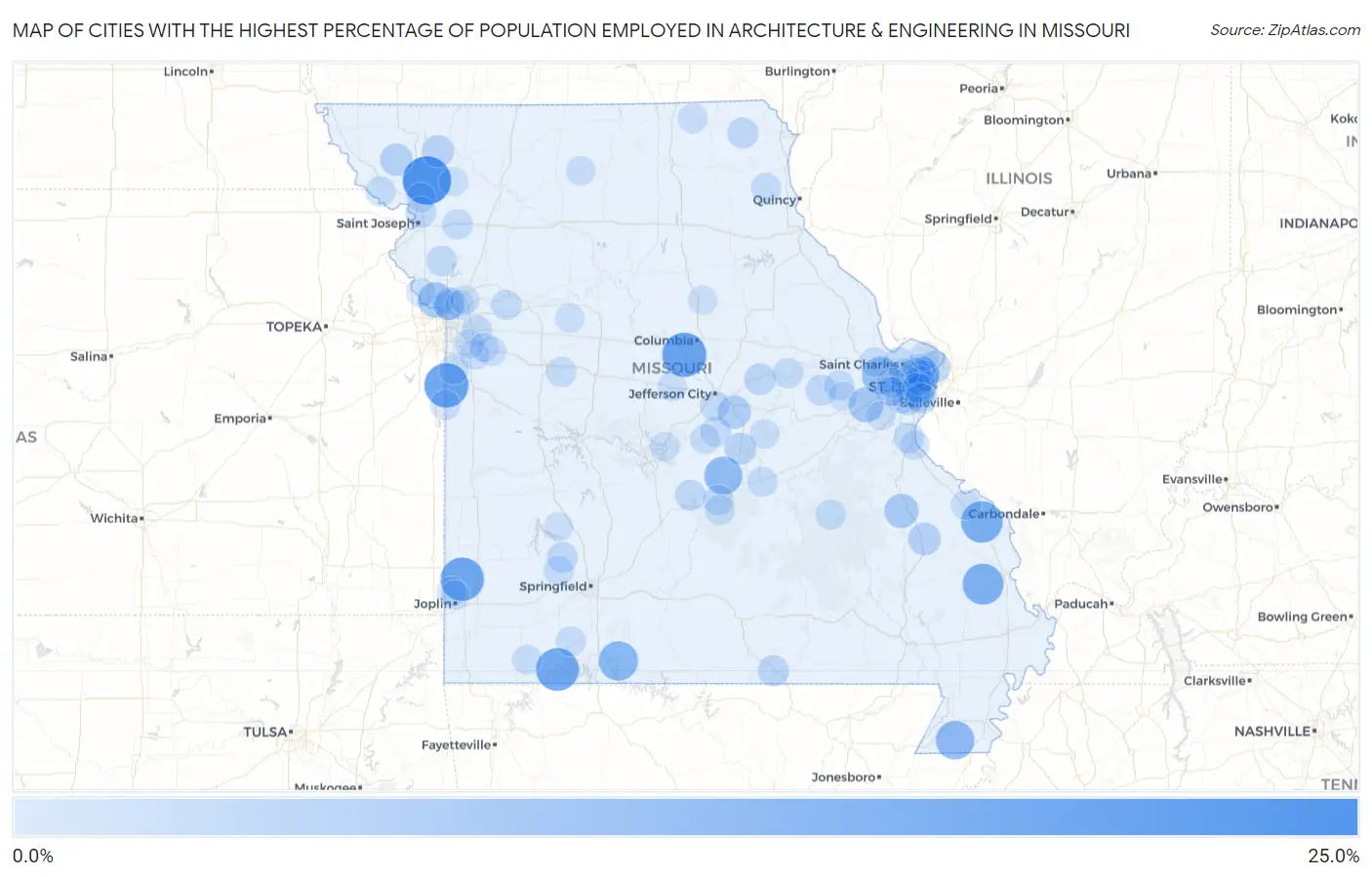 Cities with the Highest Percentage of Population Employed in Architecture & Engineering in Missouri Map