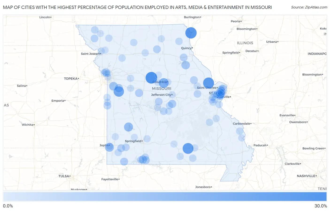 Cities with the Highest Percentage of Population Employed in Arts, Media & Entertainment in Missouri Map