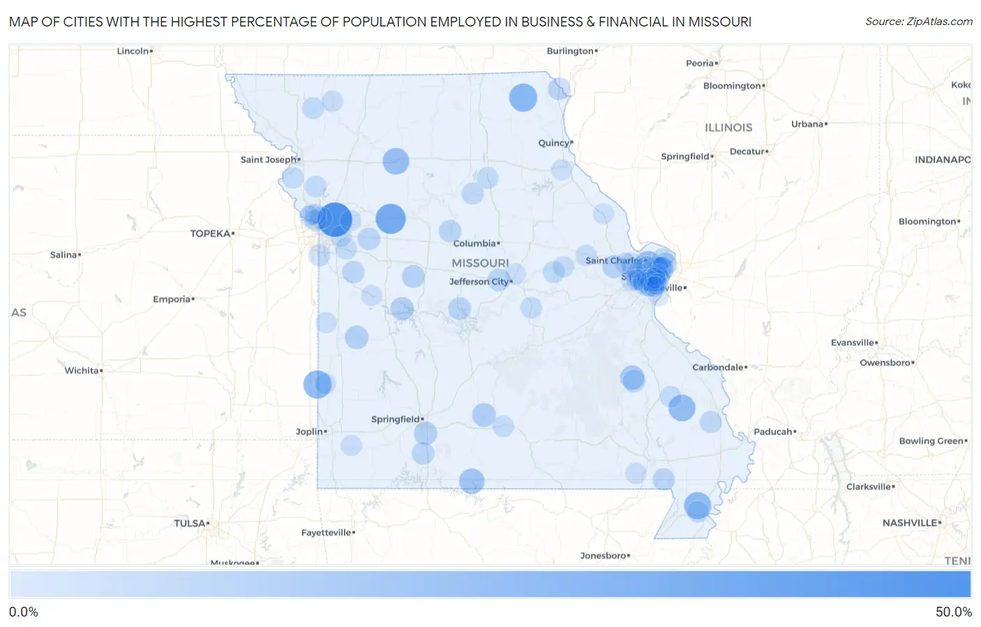 Cities with the Highest Percentage of Population Employed in Business & Financial in Missouri Map
