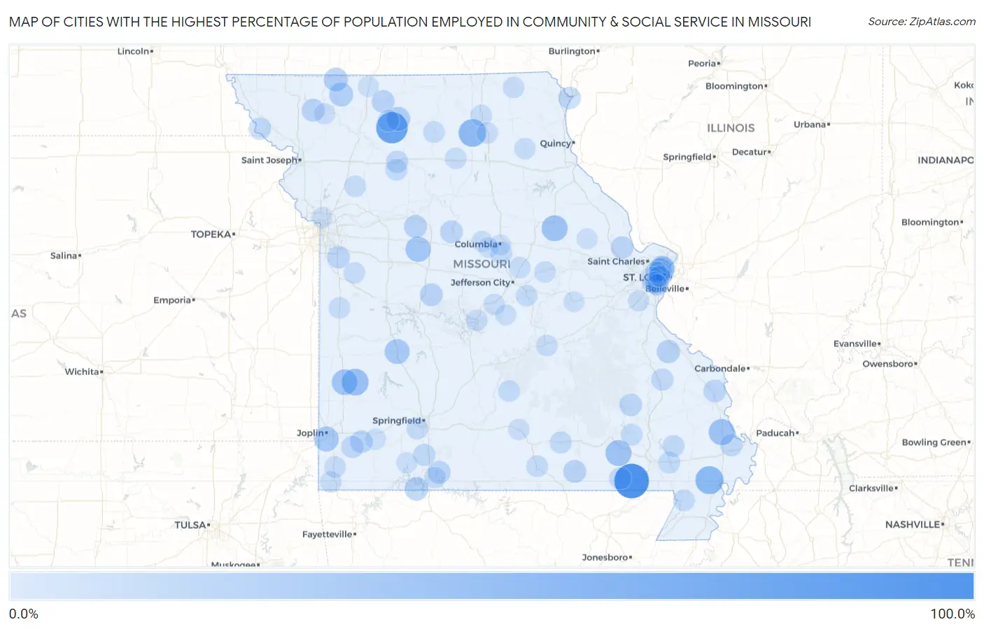 Cities with the Highest Percentage of Population Employed in Community & Social Service  in Missouri Map