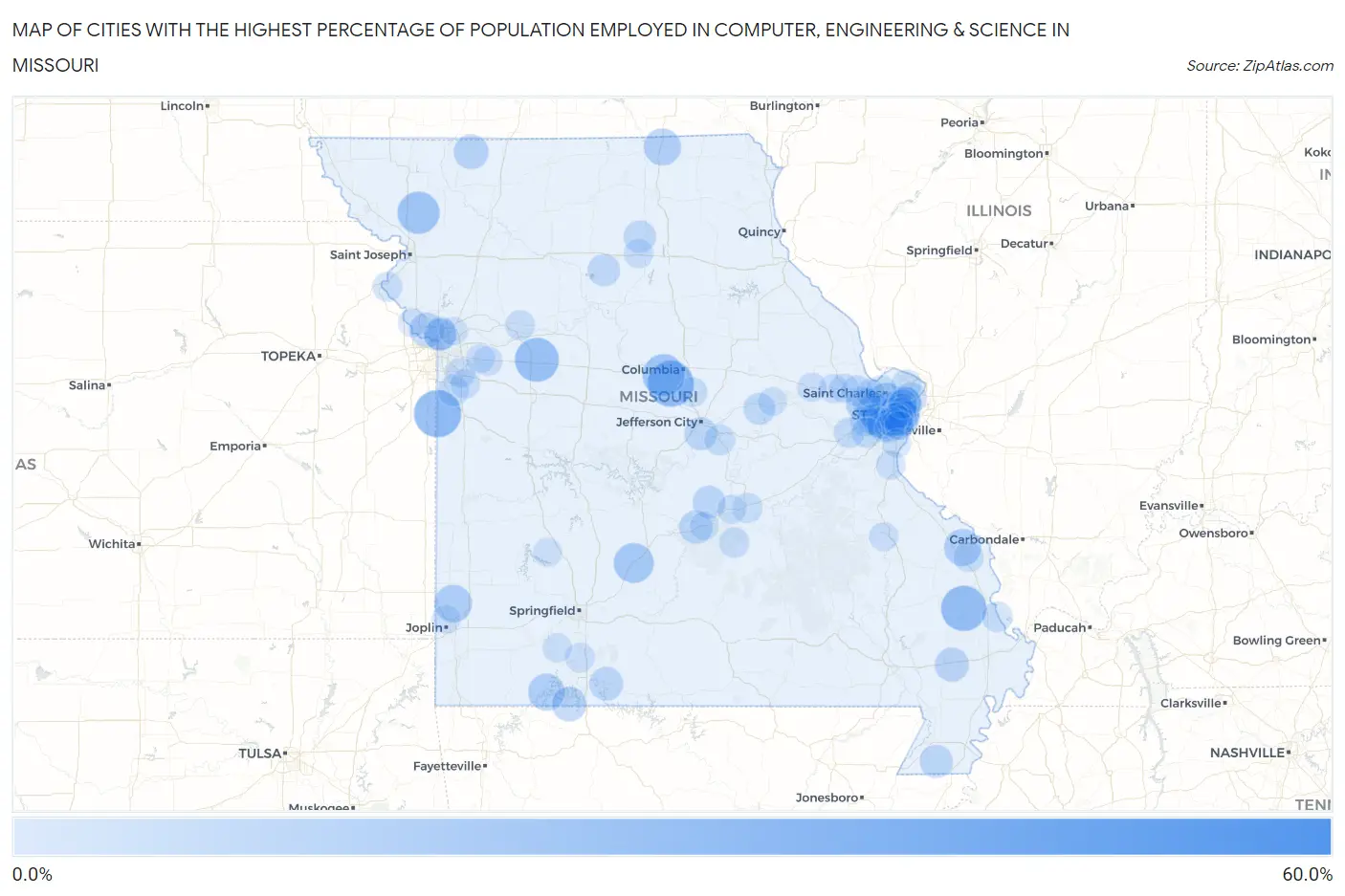 Cities with the Highest Percentage of Population Employed in Computer, Engineering & Science in Missouri Map