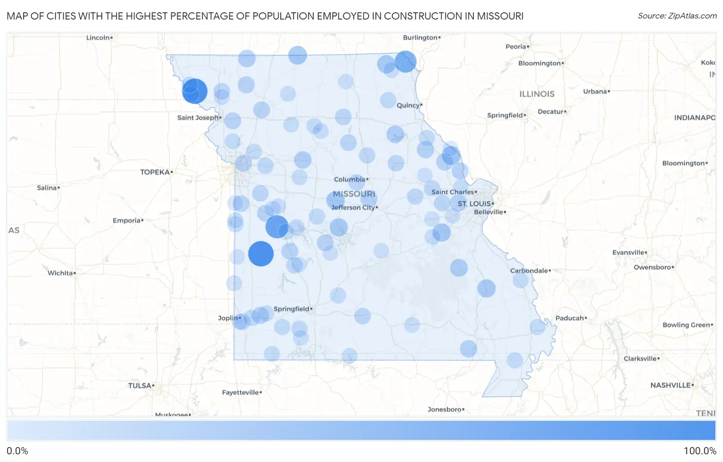 Cities with the Highest Percentage of Population Employed in Construction in Missouri Map