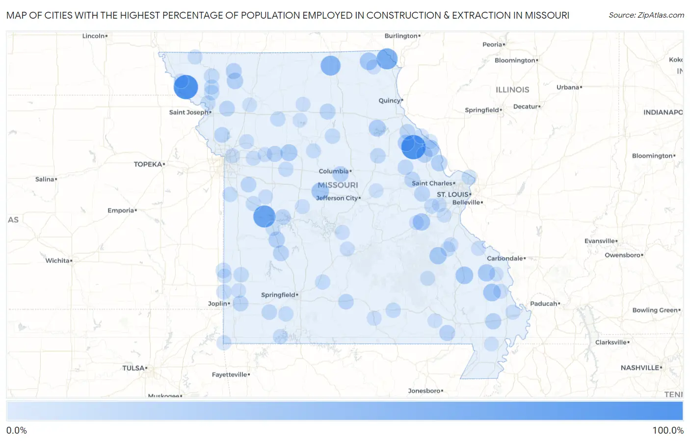 Cities with the Highest Percentage of Population Employed in Construction & Extraction in Missouri Map