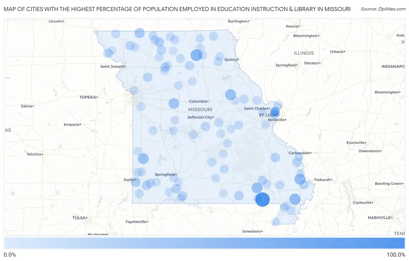 Cities with the Highest Percentage of Population Employed in Education Instruction & Library in Missouri Map