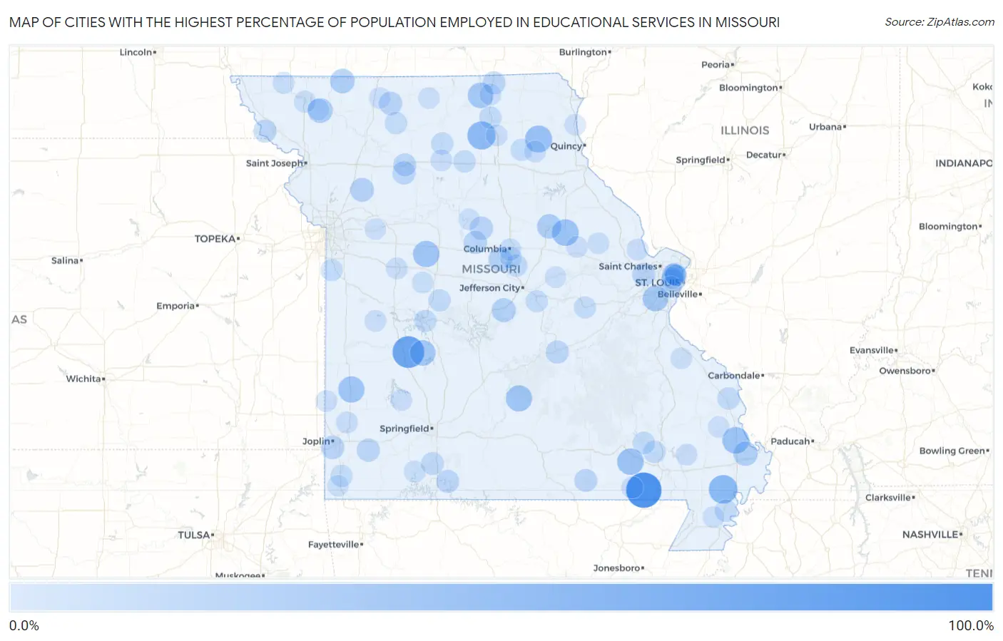 Cities with the Highest Percentage of Population Employed in Educational Services in Missouri Map