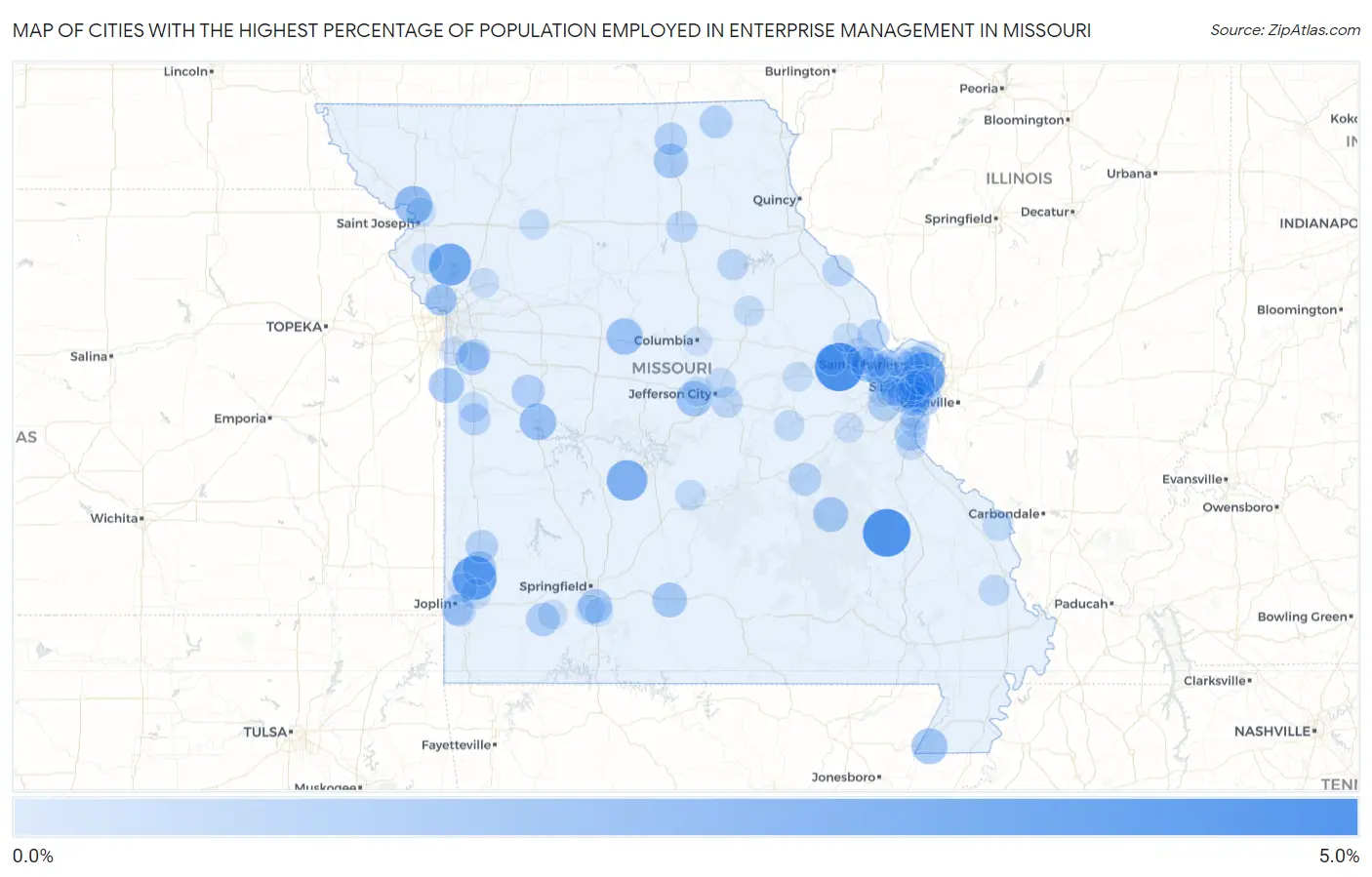 Cities with the Highest Percentage of Population Employed in Enterprise Management in Missouri Map