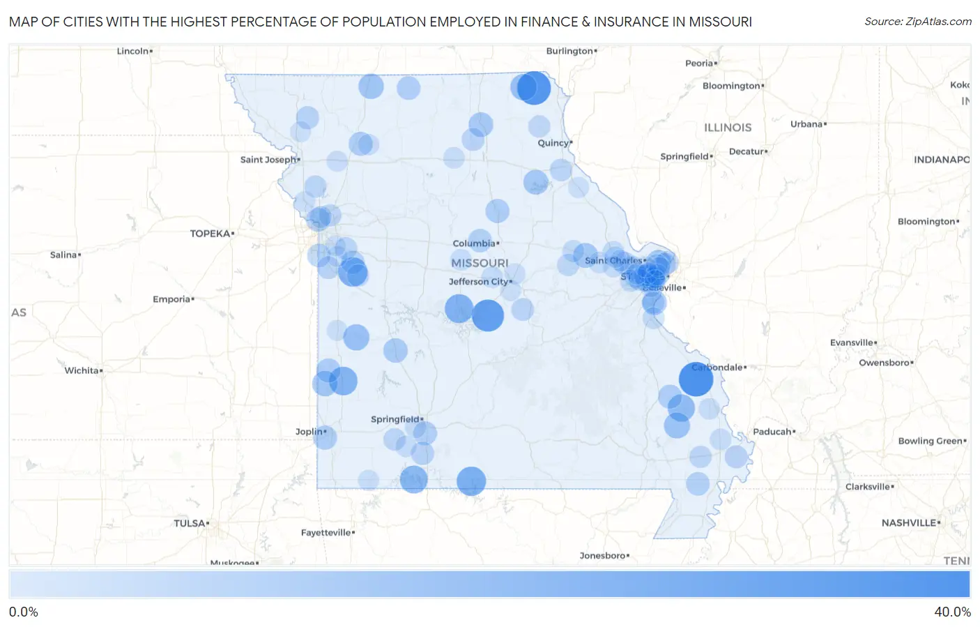 Cities with the Highest Percentage of Population Employed in Finance & Insurance in Missouri Map