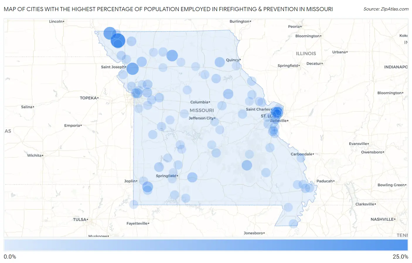 Cities with the Highest Percentage of Population Employed in Firefighting & Prevention in Missouri Map